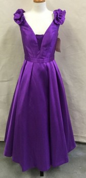 JOVANI, Purple, Polyester, Solid, V-neck, Sleeveless, Bunchy Ruffled Straps, Waistband Applique, Full Pleated Skirt with Built in Crinoline, Full Length