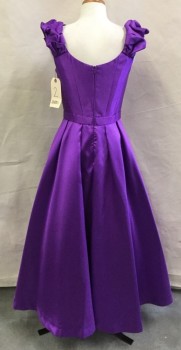 JOVANI, Purple, Polyester, Solid, V-neck, Sleeveless, Bunchy Ruffled Straps, Waistband Applique, Full Pleated Skirt with Built in Crinoline, Full Length