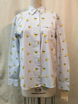 BANANA REPUBLIC, Baby Blue, Lemon Yellow, Green, Cotton, Polyester, Novelty Pattern, Baby Blue, Yellow/green Lemon Print, Button Front, Collar Attached, Long Sleeves, 1 Pocket,