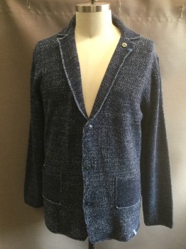 Mens, Cardigan Sweater, COLOURS & SONS, Navy Blue, White, Lt Blue, Cotton, Speckled, 2XLT, Navy Bumpy Textured Knit with White and Light Blue Specks, Long Sleeves, Notched Lapel, 3 Buttons,  2 Patch Pockets