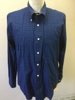 BROOKS BROTHERS, Blue, Navy Blue, Cotton, Plaid - Tattersall, Long Sleeves, Button Down Collar, Button Front, 1 Pocket,