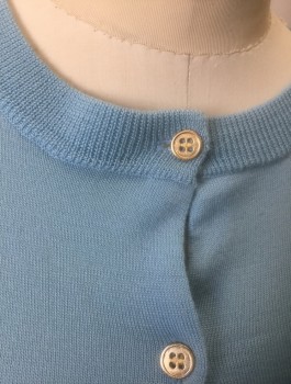 J.CREW, Baby Blue, Wool, Solid, Lightweight Knit, Scoop Neck, Long Sleeves, Gold Buttons