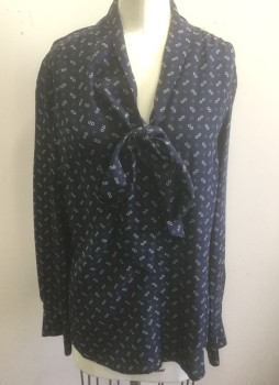 BANANA REPUBLIC, Navy Blue, Cream, Silk, Abstract , Pattern is "BR" and Buckles Repeating, Long Sleeve Button Front, "Pussy Bow" Style Neck with Self Ties, Gathered at Shoulder Seams