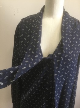 Womens, Blouse, BANANA REPUBLIC, Navy Blue, Cream, Silk, Abstract , 4, Pattern is "BR" and Buckles Repeating, Long Sleeve Button Front, "Pussy Bow" Style Neck with Self Ties, Gathered at Shoulder Seams