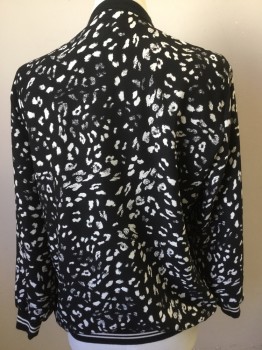 Mens, Casual Jacket, VINCE CAMUTTO, Black, White, Silk, Novelty Pattern, M, Black and White Splotches, Black and White Ribbed Collar/ Waist Band/ Cuffs, Zip Front,