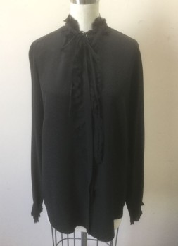 Womens, Blouse, ZADIG & VOLTAIRE, Black, Silk, Solid, B:38, Crepe, Stand C.A. with CF Neck Ties, B.F. with Hidden Placket, Self Ruffle At Neck/Placket/Btn Cuffs