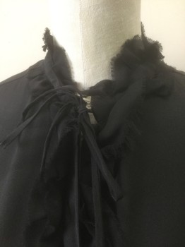 ZADIG & VOLTAIRE, Black, Silk, Solid, Crepe, Stand C.A. with CF Neck Ties, B.F. with Hidden Placket, Self Ruffle At Neck/Placket/Btn Cuffs