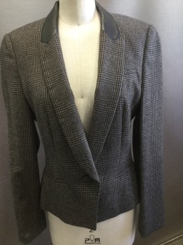 Womens, Blazer, BOSS, Gray, Black, Tan Brown, Wool, Glen Plaid, 0, Peaked Lapel with Black Leather Accent, One Button Front, Welt Pockets, Shoulder Pads