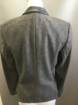 Womens, Blazer, BOSS, Gray, Black, Tan Brown, Wool, Glen Plaid, 0, Peaked Lapel with Black Leather Accent, One Button Front, Welt Pockets, Shoulder Pads