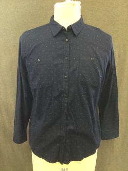ST. JOHN'S BAY, Navy Blue, White, Cotton, Dots, Navy with White Dots, Button Front, Collar Attached, Long Sleeves, 2 Pockets