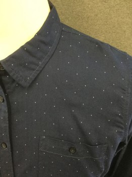 ST. JOHN'S BAY, Navy Blue, White, Cotton, Dots, Navy with White Dots, Button Front, Collar Attached, Long Sleeves, 2 Pockets
