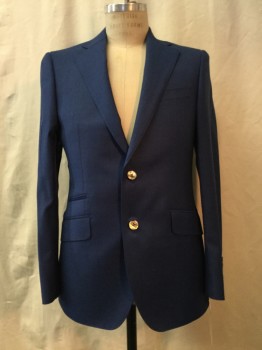 BARTORELLI NAPOLI, Royal Blue, Wool, Solid, Royal Blue, Notched Lapel, Collar Attached, 2 Buttons,  4 Pockets,
