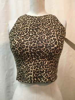 AMERICAN APPAREL, Beige, Brown, Black, Cotton, Spandex, Animal Print, Beige/ Brown/ Black Leopard Print, Crew Neck, Sleeveless, Cropped