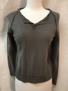 Womens, Pullover, THE KOOPLE, Brown, Wool, Solid, S, Henley, Raglan Sleeves, Dark Stitching at Neck and Sleeve Seams, Aged/Distressed,