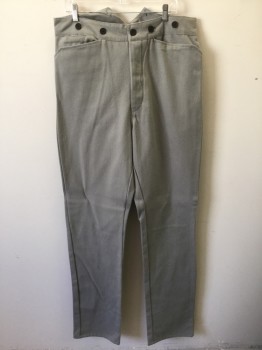 Mens, Historical Fiction Pants, FRONTIER CLASSICS, Gray, Cotton, Solid, Ins:37, W:38, Heavy Cotton Twill, Button Fly, Black Suspender Buttons at Outside Waist, 3 Pockets, Belted Back, Reproduction
