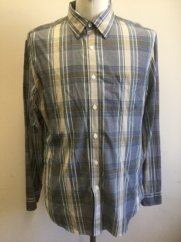 J.CREW, Gray, Beige, Sea Foam Green, White, Black, Cotton, Plaid, Long Sleeve Button Front, Collar Attached, 1 Patch Pocket