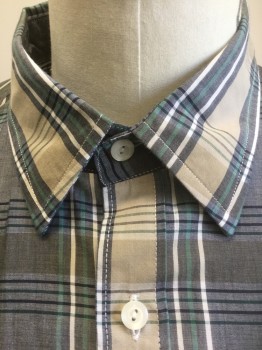 J.CREW, Gray, Beige, Sea Foam Green, White, Black, Cotton, Plaid, Long Sleeve Button Front, Collar Attached, 1 Patch Pocket