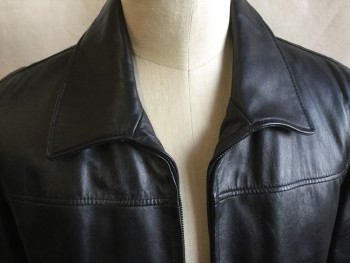 Mens, Leather Jacket, WILSONS LEATHER, Leather, Solid, 2XL, Black with Black Square Quilt Lining, Collar Attached, Zip Front, 2 Pockets, Long Sleeves,