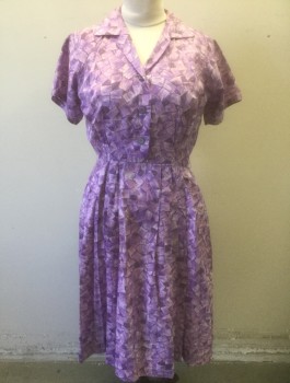 N/L, Lavender Purple, Purple, Nylon, Geometric, Squares Pattern, Short Sleeves, Shirtwaist with 3 Buttons, Collar Attached, Pleated at Waist, Hem Below Knee