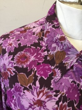VENEZIA JEANS, Purple, Magenta Purple, Brown, Rust Orange, Polyester, Spandex, Floral, Button Front, Collar Attached, Long Sleeves
