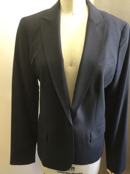 Womens, Blazer, ANNE KLEIN, Navy Blue, Polyester, Wool, Solid, 6, Peaked Lapel, One Button Front, Pocket Flap, Top Handstitch on Lapel