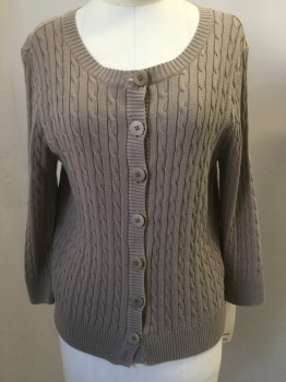 JEANNE PIERRE, Lt Brown, Cotton, Cable Knit, Long Sleeves, Wide Neck, Cardi