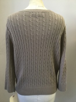 Womens, Sweater, JEANNE PIERRE, Lt Brown, Cotton, Cable Knit, M, Long Sleeves, Wide Neck, Cardi