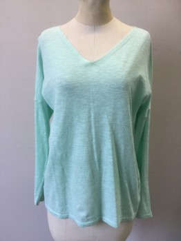 EILEEN FISHER, Mint Green, Linen, Cotton, Solid, V-neck, Long Sleeves