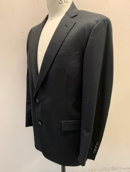 BROOKS BROTHERS, Black, Wool, Solid, Single Breasted, Notched Lapel, 2 Buttons, 3 Pockets