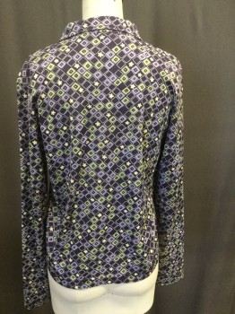 MOSSIMO, Purple, Sage Green, Lavender Purple, Yellow, Polyester, Floral, Squares, Collar Attached, Button Front, Long Sleeves,