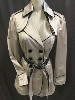 BEBE, Beige, Black, Polyester, Faux Leather, Solid, Beige with Beige Lining, Notched Lapel, Flap Yoke, Epaulettes, Double Breasted, 6 Button Front, Long Sleeves, with Black Trim, with SELF BELT