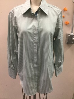 BROOKS BROTHERS, Sage Green, White, Cotton, Stripes, Button Front, Hidden Placket, Long Sleeves, Collar Attached, Teal Gross Grain Ribbon on Placket