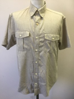 Mens, Casual Shirt, ORVIS, Beige, White, Polyester, Grid , M, Beige with White Grid Pattern, Short Sleeve Button Front, Collar Attached, 2 Pockets with Button Flap Closures, Roomy Fit