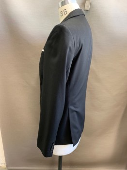ZARA, Black, White, Viscose, Polyester, Solid, Single Breasted, 2 Buttons,  Narrow Notched Lapel, White Cotton Pocket Handkerchief