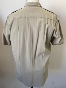 FLYING CROSS, Khaki Brown, Polyester, Rayon, Solid, Short Sleeves,  Button Front, Epaulets, 2 Batwing Flap Pockets, Stitched Creases,