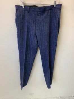 Mens, Suit, Pants, RYAN SECREST, Blue, White, Wool, Polyester, Heathered, Stripes - Shadow, 32, 34, Flat Front,