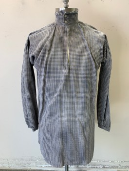 Mens, Historical Fiction Shirt, N/L, Ecru, Navy Blue, Cotton, Check , M, Long Gathered Sleeves, Stand Collar with 2 Buttons, Pullover, Gussets at Underarms, Peasant, Working Class, Reproduction
