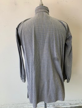 Mens, Historical Fiction Shirt, N/L, Ecru, Navy Blue, Cotton, Check , M, Long Gathered Sleeves, Stand Collar with 2 Buttons, Pullover, Gussets at Underarms, Peasant, Working Class, Reproduction