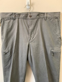Mens, Casual Pants, DOCKERS, Gray, Cotton, Solid, Ins:32, W:40, F.F, Zip Fly, 7 Pockets Including Zip Pockets at Hips, Straight Leg, Belt Loops, Pacific Collection