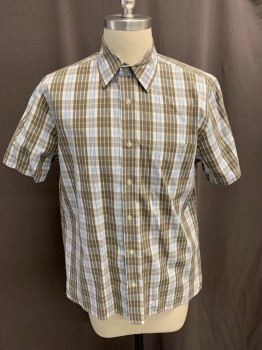 JOE, Gray, White, Lt Blue, Cotton, Plaid, Button Front, Collar Attached, 1 Pocket, Short Sleeves