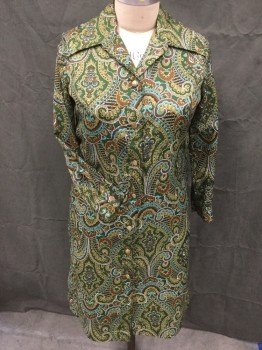 THE SPECTATOR, Forest Green, Lime Green, Turquoise Blue, Lt Olive Grn, Black, Polyester, Paisley/Swirls, L/S, Button Front Shirt Dress, Collar Attached, Hem Below Knee