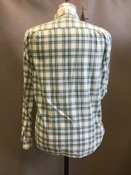 J CREW, Cream, Green, Black, Lt Blue, Cotton, Plaid, Long Sleeves, Collar Attached, Button Front, 2 Patch Pockets with Button Down Flaps