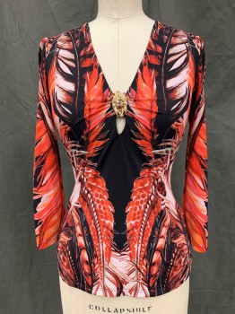 Womens, Top, ROBERTO CAVALLI, Red, White, Pink, Dk Red, Black, Rayon, Spandex, Leaves/Vines , W 28, B 34, V-neck with Attached Gold Lion Pendant, 3/4 Sleeve