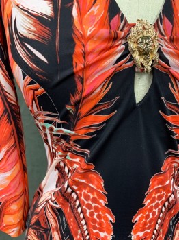 ROBERTO CAVALLI, Red, White, Pink, Dk Red, Black, Rayon, Spandex, Leaves/Vines , V-neck with Attached Gold Lion Pendant, 3/4 Sleeve