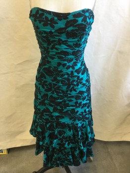 A.J. BARI, Teal Green, Black, Polyester, Floral, Strapless, Ruched at Sides with 2 Tiers Ruffle Hem, Zip Back, Self Large Bow Back