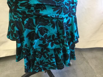 A.J. BARI, Teal Green, Black, Polyester, Floral, Strapless, Ruched at Sides with 2 Tiers Ruffle Hem, Zip Back, Self Large Bow Back