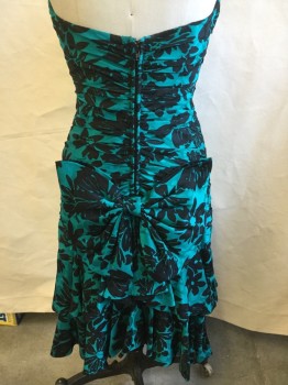 A.J. BARI, Teal Green, Black, Polyester, Floral, Strapless, Ruched at Sides with 2 Tiers Ruffle Hem, Zip Back, Self Large Bow Back