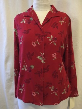 LAURA SCOTT, Red, Maroon Red, Pink, Green, Black, Polyester, Floral, Button Front, Open Collar Attached, Long Sleeves,