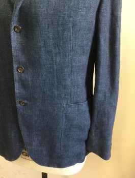 POLO RALPH LAUREN, Navy Blue, Linen, Solid, Single Breasted, Notched Lapel, 3 Buttons, 3 Pockets Including 2 Large Patch Pockets at Hips, Lined at Shoulders/Sleeves Only
