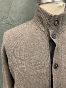 Mens, Cardigan Sweater, BRIONI, Brown, Cashmere, Leather, Heathered, XL, Button Front, High Ribbed Knit Collar, 2 Pockets, 3rd Leather Pocket, Leather Placket Detail, Ribbed Knit Waistband/Cuff